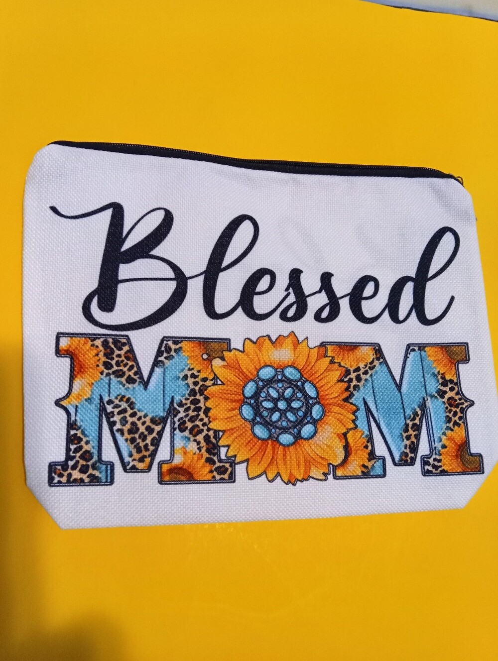 Blessed MOM Floral Zip Pouch, Storage, Makeup Bag. White and Yellow